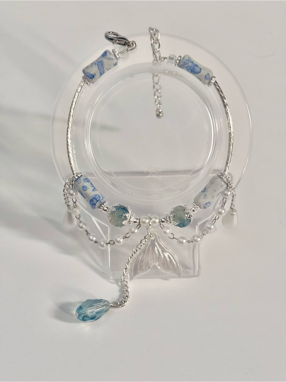 Hand Crafted Silver Bracelet with Blue and White Beads and Mermaid Tail Charm